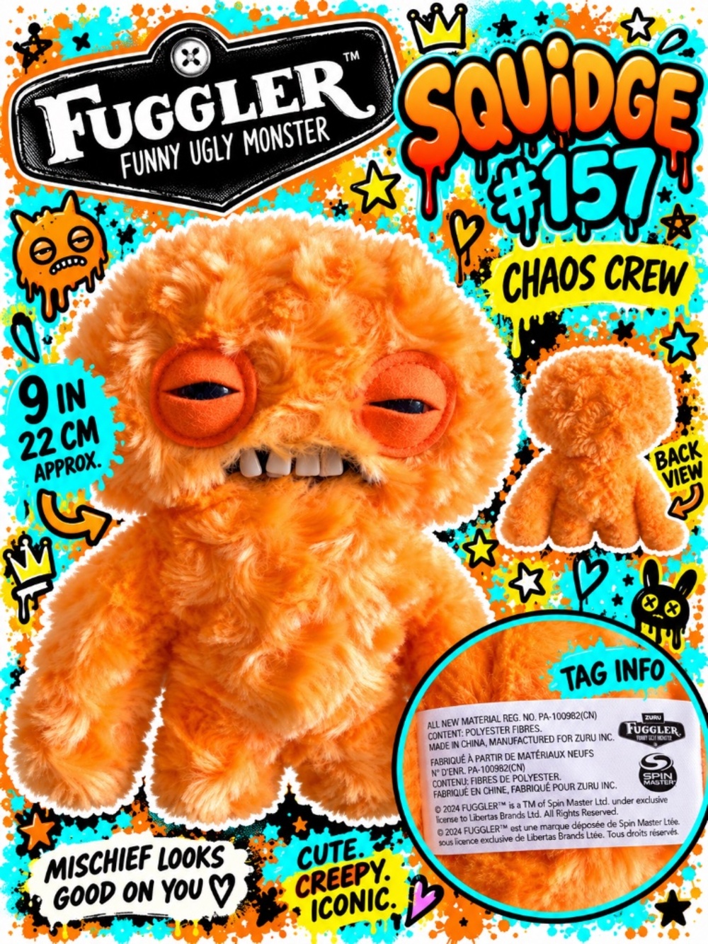 Fuggler Squidge #157 Chaos Crew Orange Swirl Fur 9” Funny Ugly Monster Plush